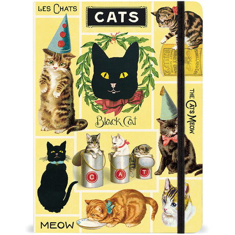 Vintage-inspired large notebook featuring illustrated cats, elastic closure, and cream lined pages for journaling or note-taking