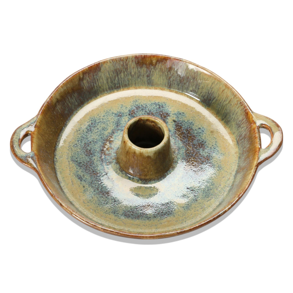stoneware appetizer serving dish with built-in toothpick holder and brown reactive glaze