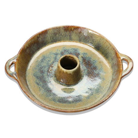 stoneware appetizer serving dish with built-in toothpick holder and brown reactive glaze