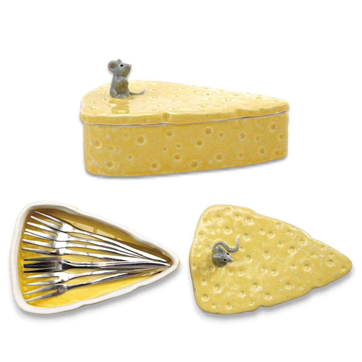 ceramic cheese shaped appetizer fork holder with mouse lid and stainless forks