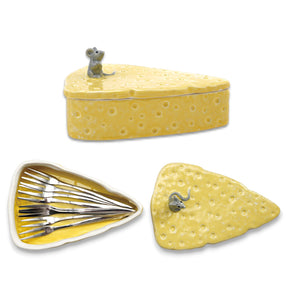 ceramic cheese shaped appetizer fork holder with mouse lid and stainless forks