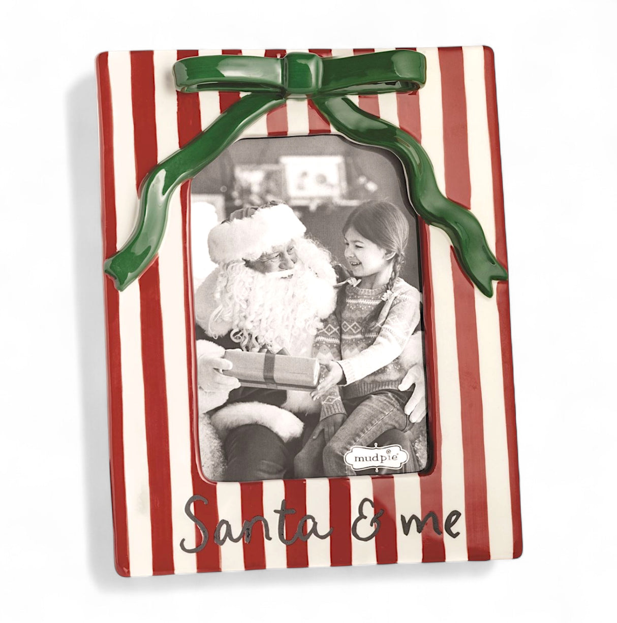 Ceramic Christmas bow photo frame hand-painted red stripes holds 4x6 photo