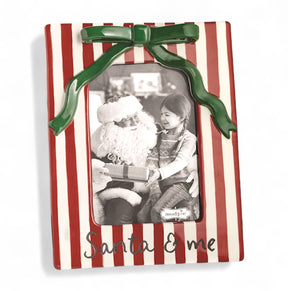 Ceramic Christmas bow photo frame hand-painted red stripes holds 4x6 photo