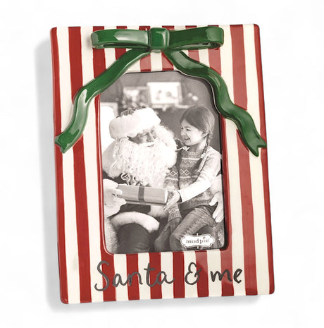 Ceramic Christmas bow photo frame hand-painted red stripes holds 4x6 photo