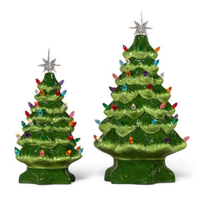  Ceramic Christmas trees in two sizes with multicolored lights for a nostalgic holiday display.