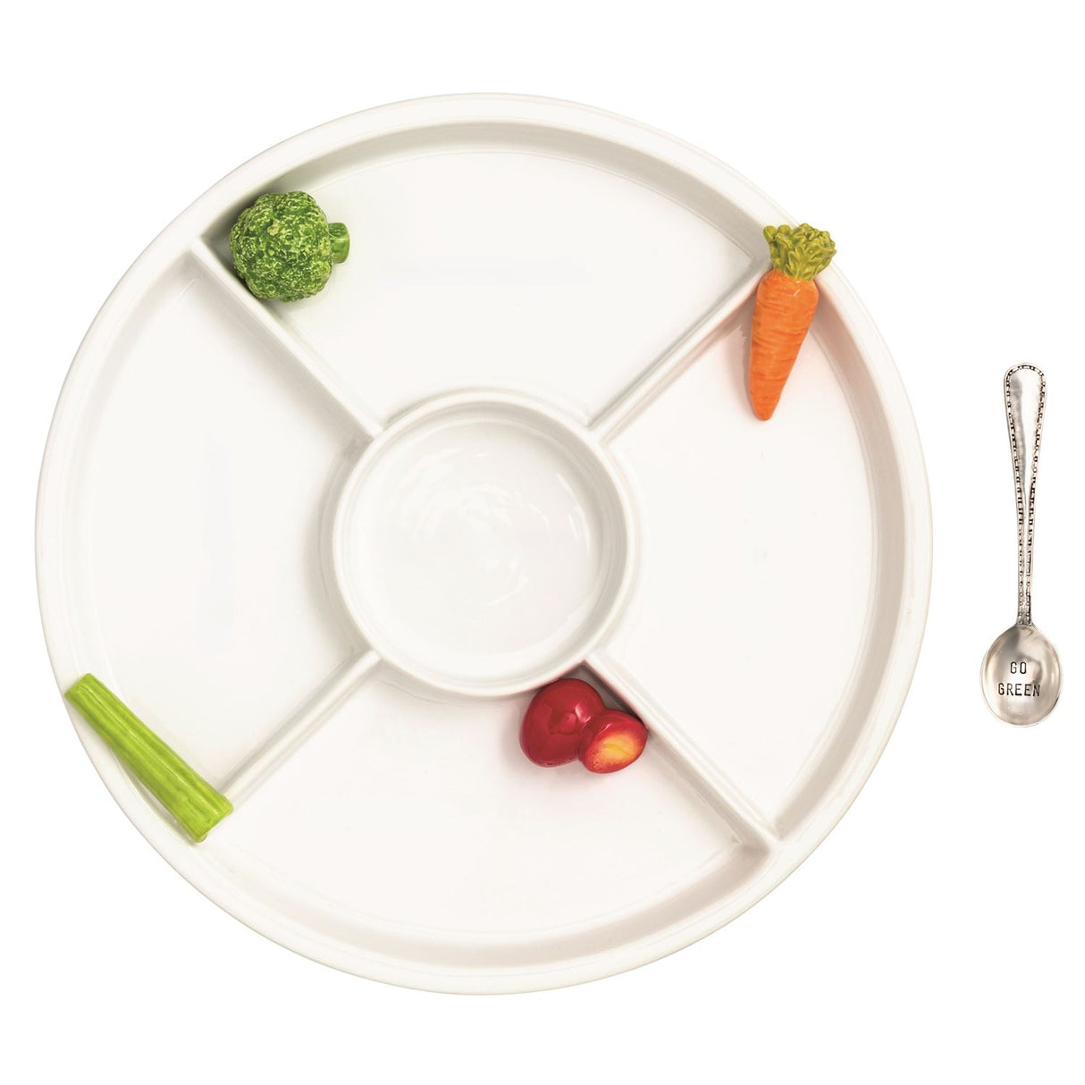 sectioned ceramic crudite platter with veggie details and serving spoon