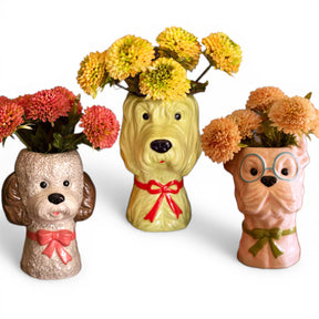 ceramic dog vase with bow pink green grey decorative flower vase