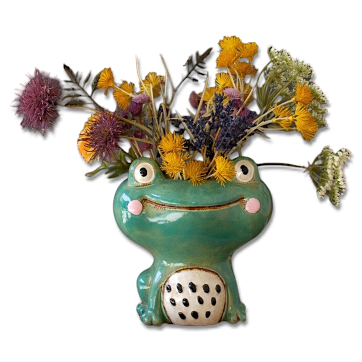 Quirky ceramic frog planter with a smiling face, measuring 5" x 7.5" x 8", ideal for plants or decorative storage.