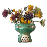 Quirky ceramic frog planter with a smiling face, measuring 5" x 7.5" x 8", ideal for plants or decorative storage.
