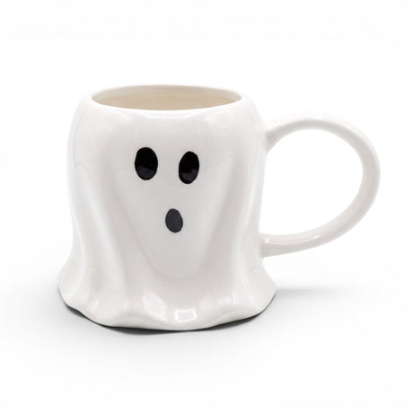 White ceramic ghost Halloween mug with black face and handle