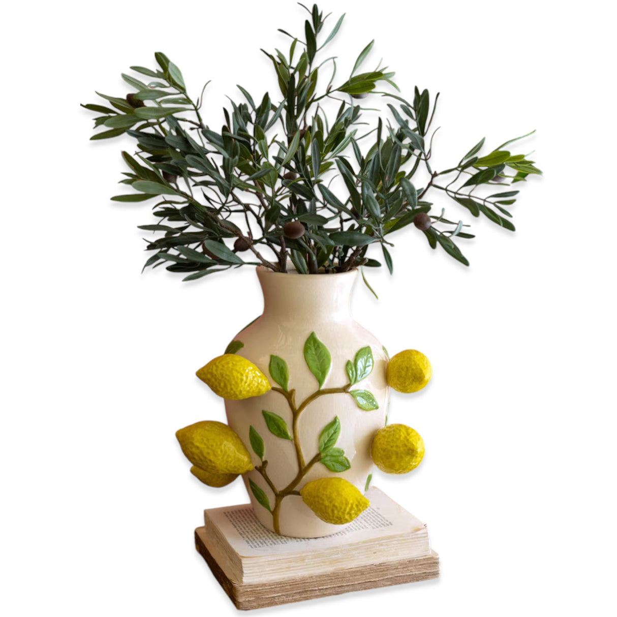 ceramic lemon vase with raised yellow lemons and green leaves decorative fruit planter