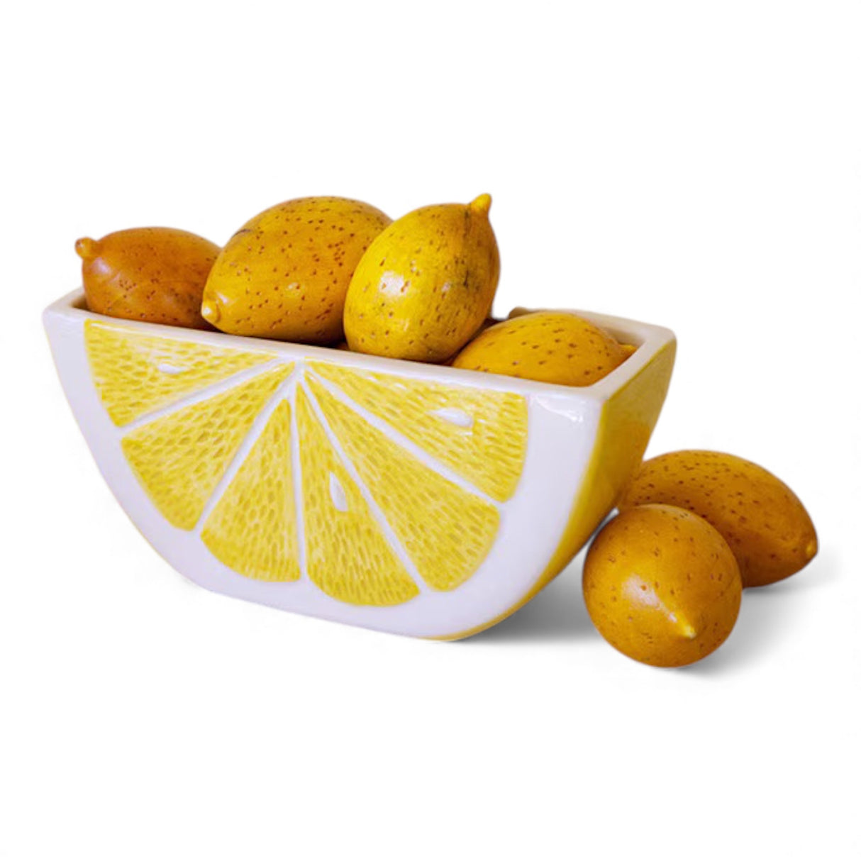 Glazed ceramic lemon wedge planter with bright yellow finish and open top for small plants