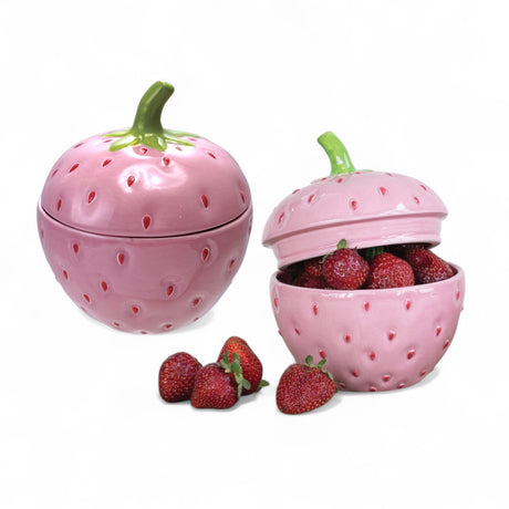 Hand-painted ceramic strawberry shaped jar with lid, pink and green