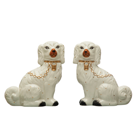 and-painted ceramic Staffordshire dog reproduction with gold chain detail, 10.5 inches tall