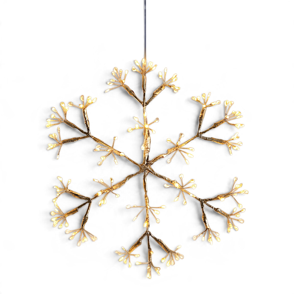 Champagne-toned hanging snowflake light with 96 warm white LEDs and a 10-inch illuminated diameter.