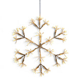 Champagne-toned hanging snowflake light with 96 warm white LEDs and a 10-inch illuminated diameter.