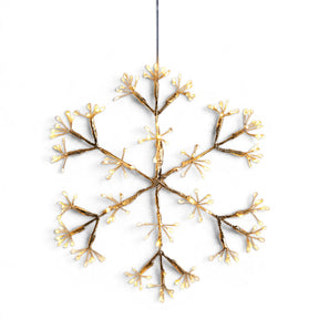 Champagne-toned hanging snowflake light with 96 warm white LEDs and a 10-inch illuminated diameter.