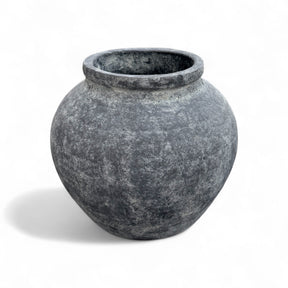 Charcoal-toned round terracotta planter with distressed matte finish