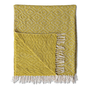 60x50 yellow chenille throw with diamond pattern and cream fringe