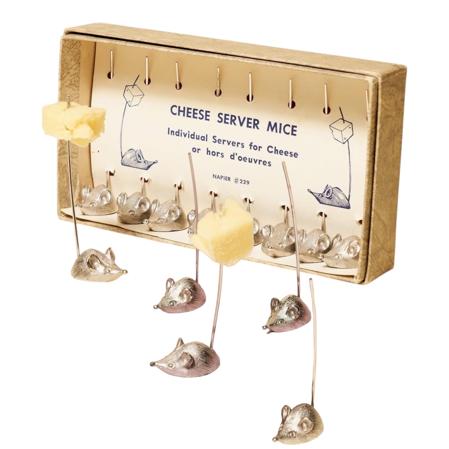 Vintage-Inspired Silver Zinc Cheese Server Mice Pick Set