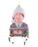 Chevy Chase glass ornament in Santa hat holding Christmas lights
