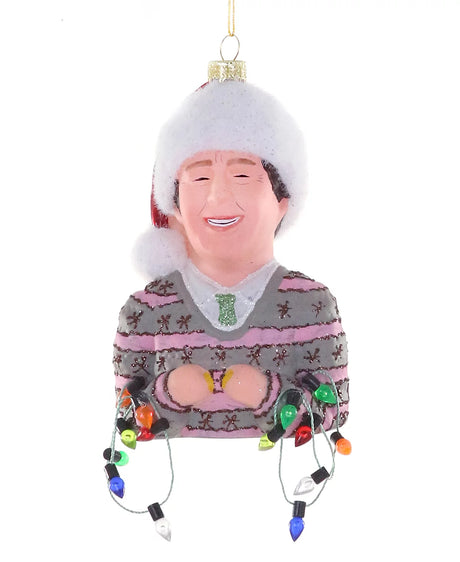 Chevy Chase glass ornament in Santa hat holding Christmas lights
