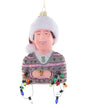 Chevy Chase glass ornament in Santa hat holding Christmas lights