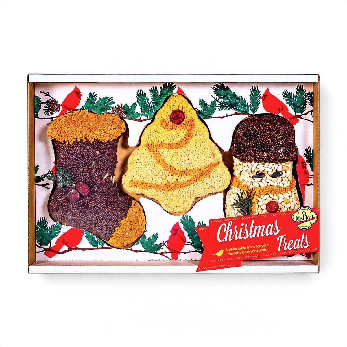 Christmas cookie bird seed treats in Frosty, Rudolph, and Santa designs with red raffia hangers, each sold individually.
