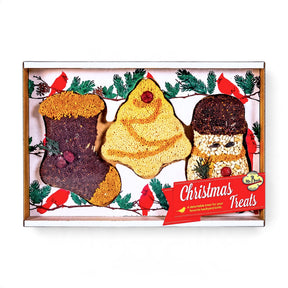 Christmas cookie bird seed treats in Frosty, Rudolph, and Santa designs with red raffia hangers, each sold individually.
