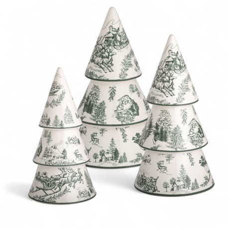 christmas green Toile ceramic tree sitters hand-painted