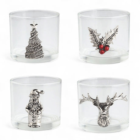 Glass tidbit bowls with cast aluminum Christmas icons set of 4 designs