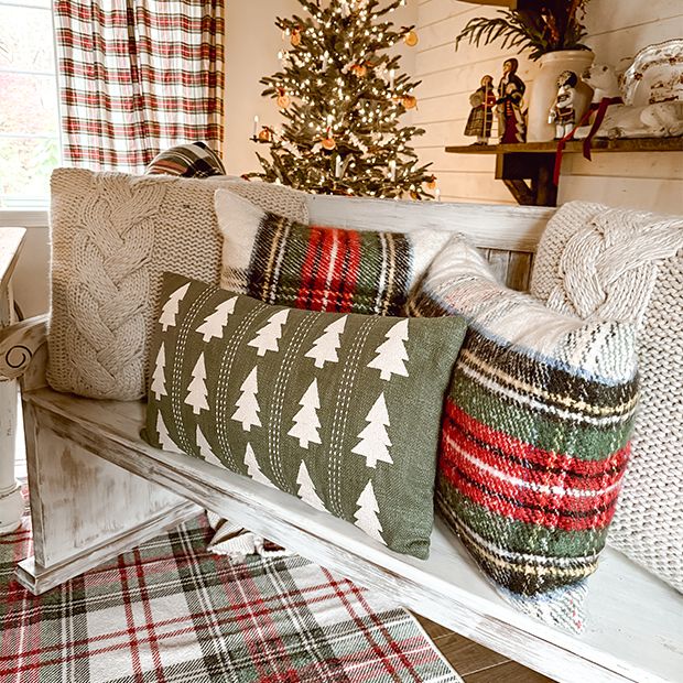 Green Embroidered Christmas Tree Lumbar Pillow