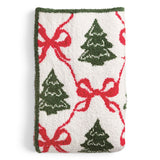 Christmas tree chenille blanket with red bows and green holiday pattern