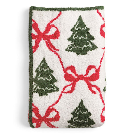 Christmas tree chenille blanket with red bows and green holiday pattern