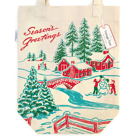 Christmas tote bag with winter village design, cotton canvas, and interior pocket