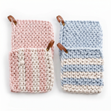 chunky knit cotton pot holders with leather loop striped and solid kitchen heat resistant potholders