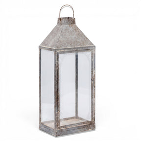 19.5-inch distressed metal lantern with clear glass panels and hinged front door