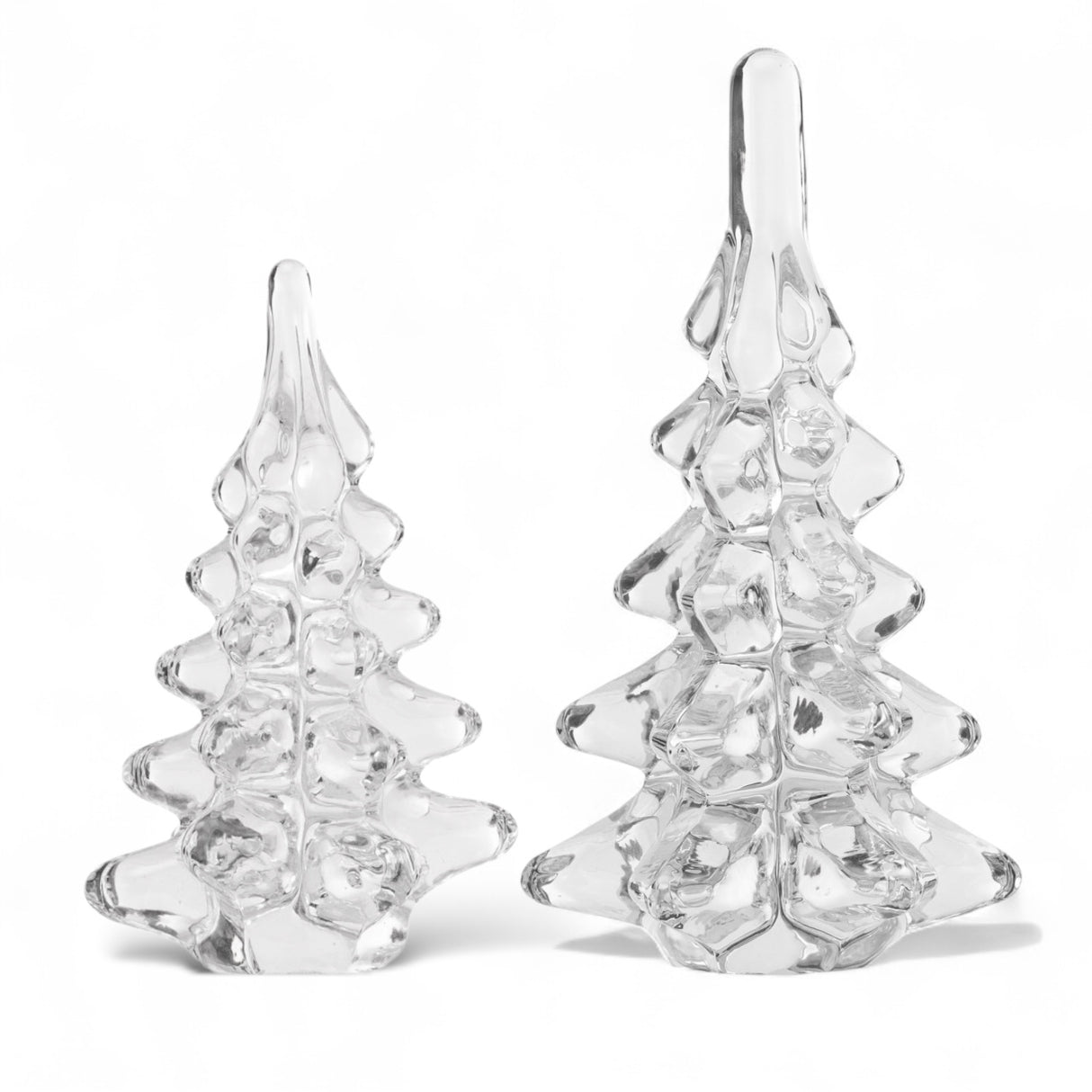 Clear glass Christmas tree figurines in two sizes for holiday decoration