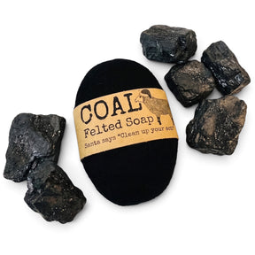  Black wool Coal Felted Soap with a kraft label reading Santa says Clean up your act, a Christmas stocking stuffer