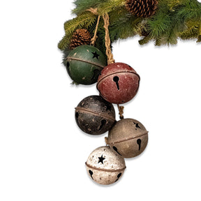 Cluster of colored metal sleigh bells with jute rope holiday décor 39 inches