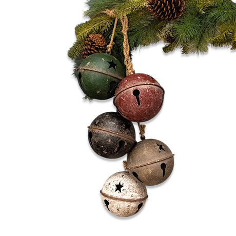 Cluster of colored metal sleigh bells with jute rope holiday décor 39 inches