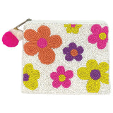 Vibrant Flowers Beaded Coin Pouch with Pom-Pom Zipper