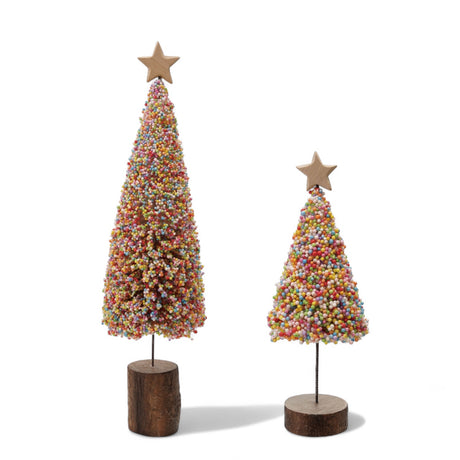 Colorful microbead Christmas trees with star toppers and wood slice bases, two sizes