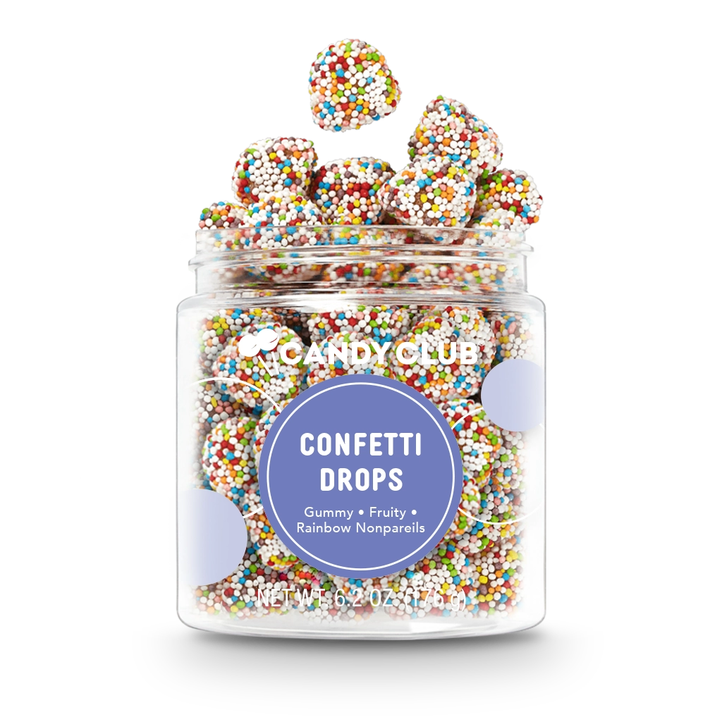 Jar of Confetti Drops candy with fruity gummy drops coated in colorful rainbow nonpareils, non-GMO and made in the USA