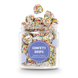Jar of Confetti Drops candy with fruity gummy drops coated in colorful rainbow nonpareils, non-GMO and made in the USA