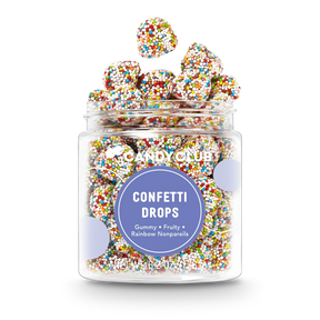 Jar of Confetti Drops candy with fruity gummy drops coated in colorful rainbow nonpareils, non-GMO and made in the USA