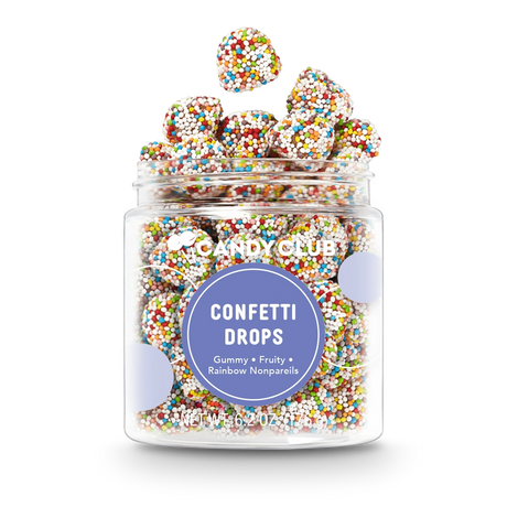 Jar of Confetti Drops candy with fruity gummy drops coated in colorful rainbow nonpareils, non-GMO and made in the USA