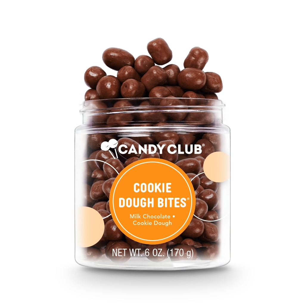 Jar of Cookie Dough Bites candy with milk chocolate–covered cookie dough pieces in a small cup, made in the USA