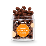 Jar of Cookie Dough Bites candy with milk chocolate–covered cookie dough pieces in a small cup, made in the USA