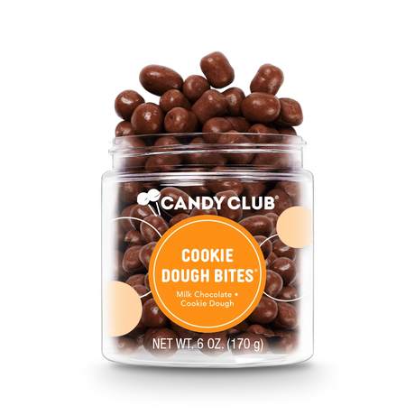 Jar of Cookie Dough Bites candy with milk chocolate–covered cookie dough pieces in a small cup, made in the USA
